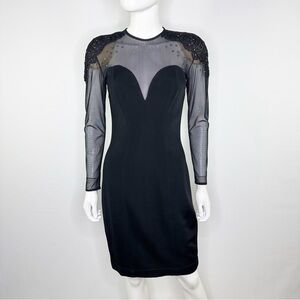 Tadashi Black Mini Dress Size XS Long Sleeve Rhinestone Shoulders Sheer Mesh